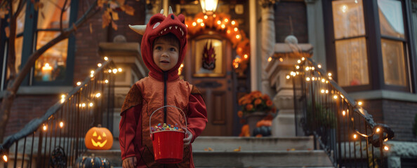 Naklejka premium Excited Young Boy in Dragon Costume Holding Candy Bucket, Festive Halloween Decorations, Perfect for Posters