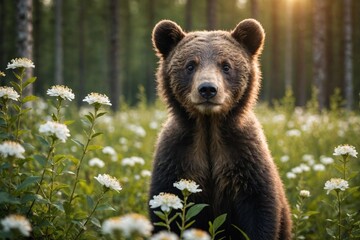 Obraz premium bear cub in the summer forest on the bog among white flowers