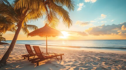 A stunning tropical beach scene during sunset, with golden rays reflecting off pristine white sand. Palm trees provide shade over beach chairs