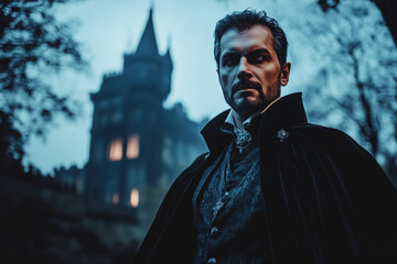 Vampire with Fangs and Cape Standing in Front of a Dark Castle