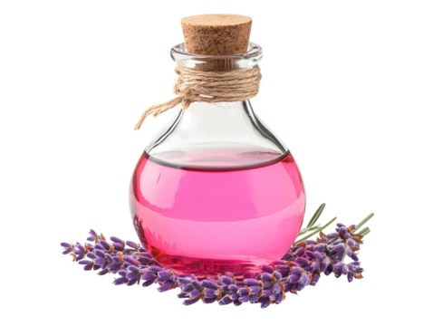 a bottle of pink liquid and lavender flowers