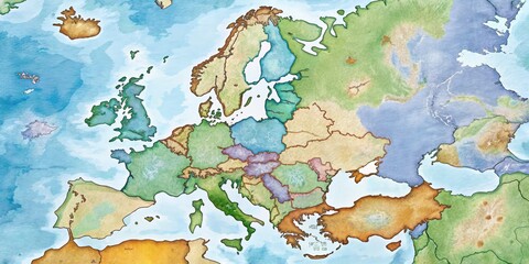 A detailed illustration of Europe's political boundaries, featuring individual countries' borders, capitals, and major cities, set against a soft, neutral background with subtle shading.