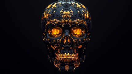 A black skull adorned with intricate gold designs and glowing eyes. The skull symbolizes mortality, the beauty of decay, and the passage of time.