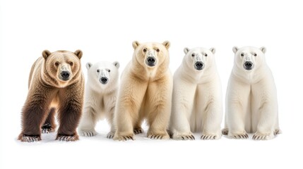A brown bear and three polar bears stand side-by-side, showcasing the striking contrast between their fur colors and species. This image symbolizes strength, power, and the beauty of the natural world
