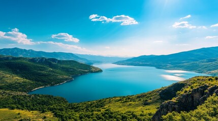A breathtaking panoramic view showcasing a crystal clear lake nestled amidst lush green mountains under a vibrant blue sky. The scene evokes a sense of tranquility, vastness, and natural beauty.