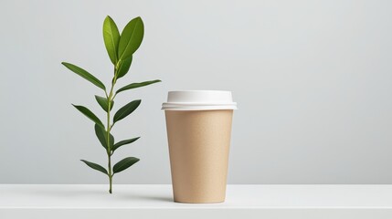 A brown paper coffee cup with a white lid sits on a white surface next to a small green plant, symbolizing sustainability, eco-consciousness, and a responsible choice for takeaway beverages.