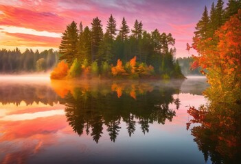 Fototapeta premium vibrant dawn reflections serene lake surrounded lush nature, colors, water, sunrise, landscape, tranquil, scenery, sky, clouds, beauty, calm, flora