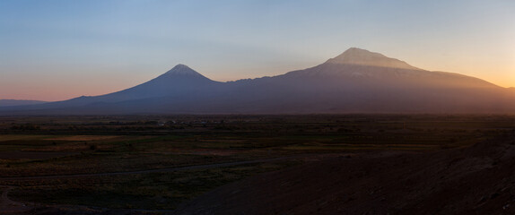 View of Mount Ararat and Armenian Highland on sunset
