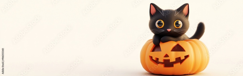 Sticker A playful black cat sitting on a carved pumpkin, embodying a festive Halloween spirit.