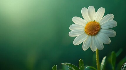   A yellow-centered white flower sits atop a lush green foliage plant, adorned with water droplets on its petals