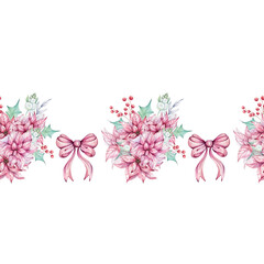 Christmas watercolor seamless border - Red poinsettia flowers bouquet with bow, compositions with holly green leaves and mistletoe, red berries. Winter composition, decor. December nature