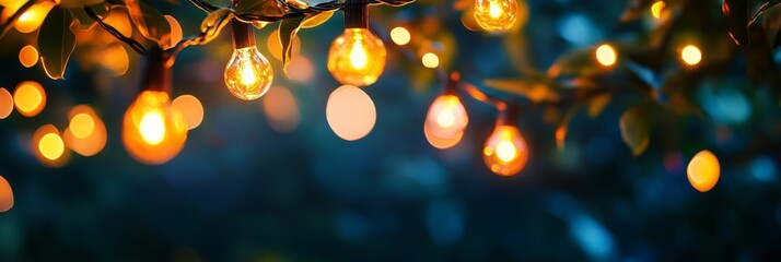 A close-up of a tree branch adorned with warm, glowing string lights, creating a magical and inviting atmosphere. The lights are strung throughout the branches, illuminating the leaves and casting a s