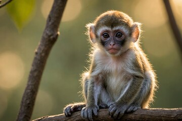 Fototapeta premium baby infant vervet monkey sitting by its self in a tree looking around