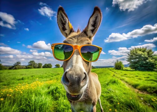 Adorable donkey wears oversized sunglasses and a goofy grin, standing in a bright green meadow, showcasing its playful and humorous personality.