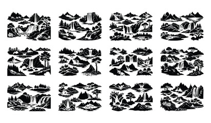 Obraz premium Set of Vector Silhouettes of River and Waterfall Scenes Flowing River, Cascading Waterfall, Stream, Rapids, Lagoon, River Delta 