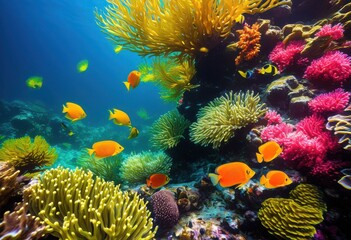 Obraz premium vibrant marine life surrounded colorful coral formations under crystal clear water, adventure, adventures, aquatic, biodiversity, blue, corals, conservation