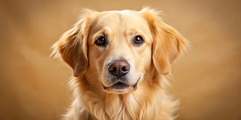 Adorable golden retriever canine gazing directly at camera with bright brown eyes, fluffy ears, and a subtle smile, set against a soft, creamy background.