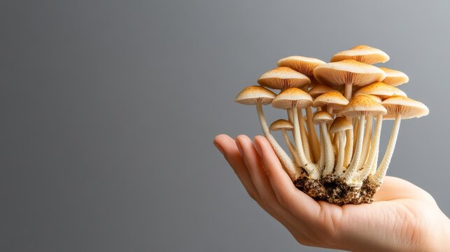 A cluster of Psilocybe Cubensis magic mushrooms growing on a mycelium block, symbolizing nature, growth, spirituality, psychedelics, and consciousness.