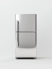 A contemporary stainless steel refrigerator with a sleek design, reflecting light against a clean white backdrop. The refrigerator symbolizes organization, efficiency, and a modern lifestyle, represen