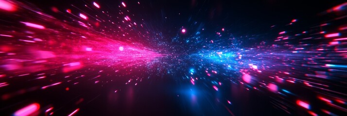 Fototapeta premium A digital illustration of a hyperspace tunnel with glowing pink and blue lights, symbolizing speed, technology, travel, future, and abstract concepts.
