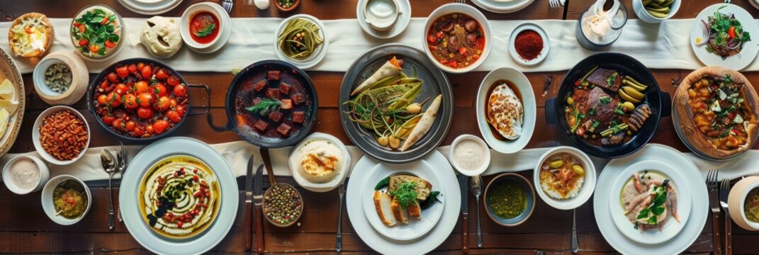A Colorful Middle Eastern Feast with Diverse Dishes and Rich Flavors on a Long Table