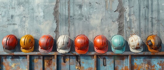 A row of hard hats sitting on top of a cement wall 