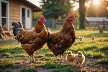 mother hen with chicken in a rural yard