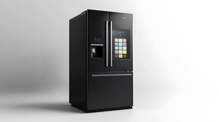 A stylish, high-tech smart refrigerator with a sleek, glass door and digital touch interface, positioned alone on a white background. 