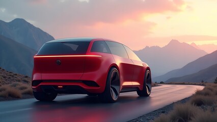 Naklejka premium Futuristic Red Truck Concept on Mountain Road At Dusk, Autonomous Transport, Modern Technology, Advanced Design, Sci-Fi Landscape, Innovation in Transportation, Futuristic Machinery Illustration