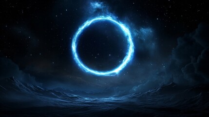 A glowing blue ring, a portal, in a dark starry sky, representing the unknown, the infinite, the journey, the future, and the possibilities.