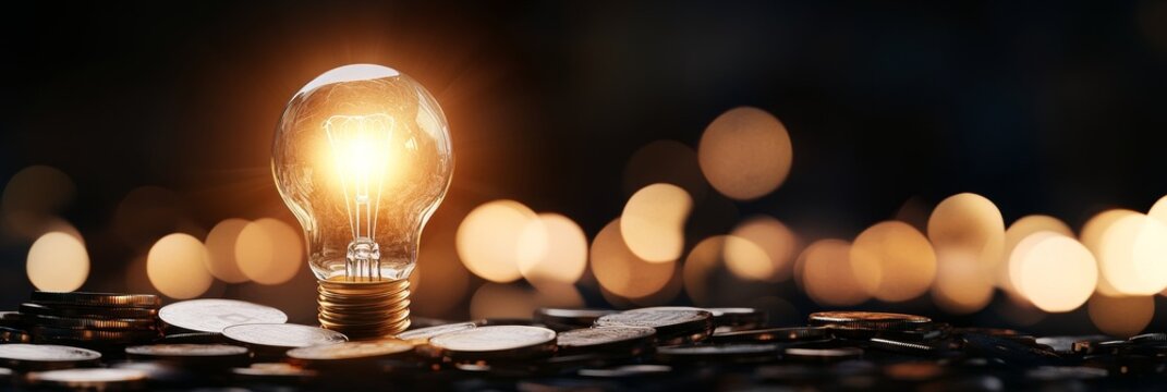 A glowing light bulb stands tall on a bed of coins, symbolizing financial insight, innovative ideas, and a path to financial success. The light bulb represents clarity, while the coins represent wealt
