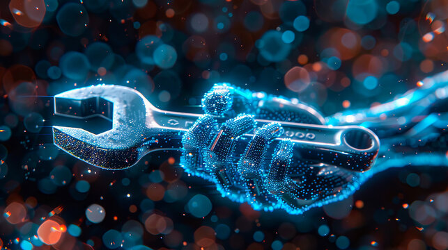 Digital hand holding a wrench, symbolizing technological solutions and innovation in mechanics