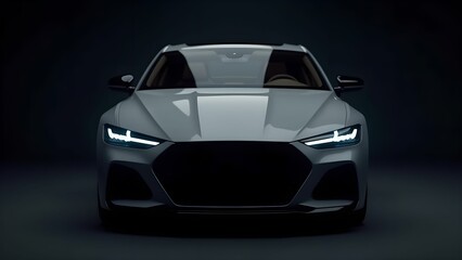 Modern, luxury car in grey with straight lines, strict design on a black background.