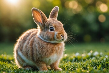 Fototapeta premium healthy lovely bunny easter fluffy adorable baby rabbit on green garden nature background