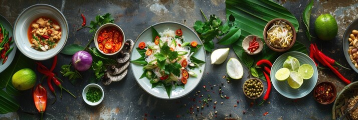 Traditional Vietnamese Cuisine Spread with Fresh Ingredients and Spices
