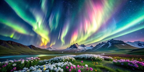 Aurora Borealis Dancing Above Mountainous Landscape with Vibrant Wildflowers, Iceland, Northern Lights, Aurora Borealis, Landscape