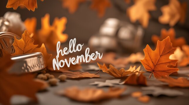 Autumn scene with text hello November amidst falling leaves and metal decor