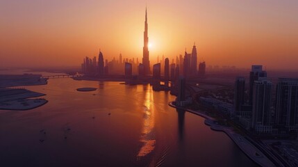 Stunning Dubai skyline at sunset with Burj Khalifa silhouette over the water. A beautiful urban scene that captivates the eye.