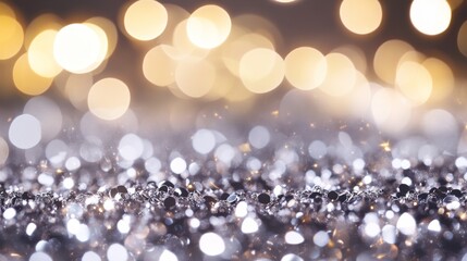 A luxurious and elegant abstract background featuring a shimmering layer of silver glitter with a soft, out-of-focus background of warm, golden bokeh lights. The image evokes a sense of celebration, o