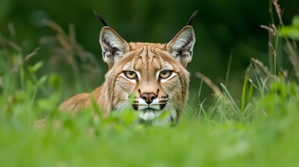Fototapeta premium A lynx, a wild cat known for its hunting prowess, peers intently from within a lush green meadow, showcasing its sharp focus and predatory instincts. The green foliage provides a camouflaged backgroun