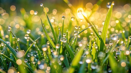 Fototapeta premium Close-Up of Dew on Green Grass in the Morning Capturing the Serenity and Freshness of Nature