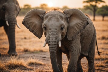 a cute little baby elephant in the savannah