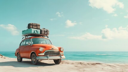 A stylish vintage car with travel gear atop its roof, parked on a scenic beach. The backdrop of a clear blue sky 