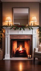 cozy watercolor illustration crackling fireplace surrounded lush greenery festive holly evoking warmth serenity winter evening