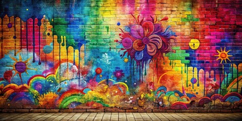 Colorful Brick Wall Graffiti Art with Flower and Sun, street art , urban , grunge