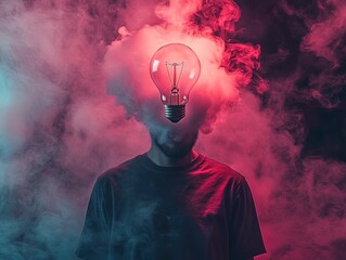 Lightbulb floating over a person's head with vibrant smoke