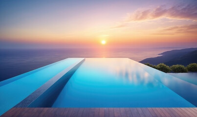 A large infinity pool sits atop a mountain, overlooking a valley with the setting sun reflecting on the water