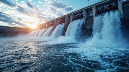 Hydroelectric dam in operation, with water powering turbines
