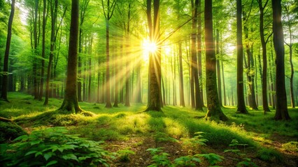 Obraz premium Stunning Blurred Green Forest Background with Gentle Sunlight Filtering Through Leaves Perfect for Nature-Themed Designs