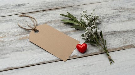 A rustic, vintage-inspired image featuring a blank brown paper tag with a hole for twine, a small red heart and a sprig of white flowers on a whitewashed wooden background. This image evokes a sense o
